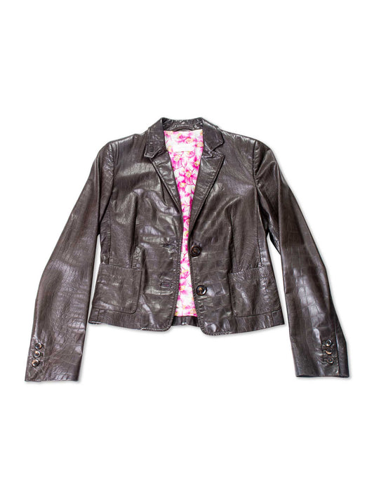 Valentino Crocodile Embossed Leather Fitted Jacket Brown-designer resale