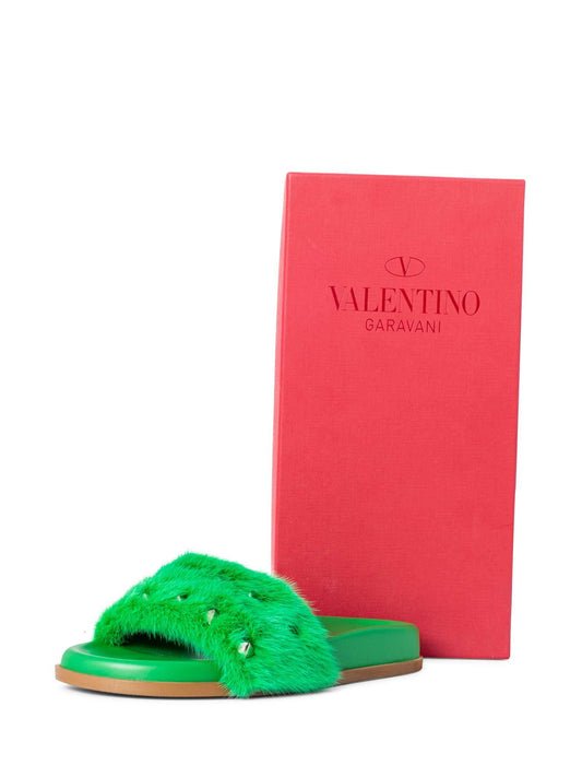 Valentino Fur Rockstud Slides Green