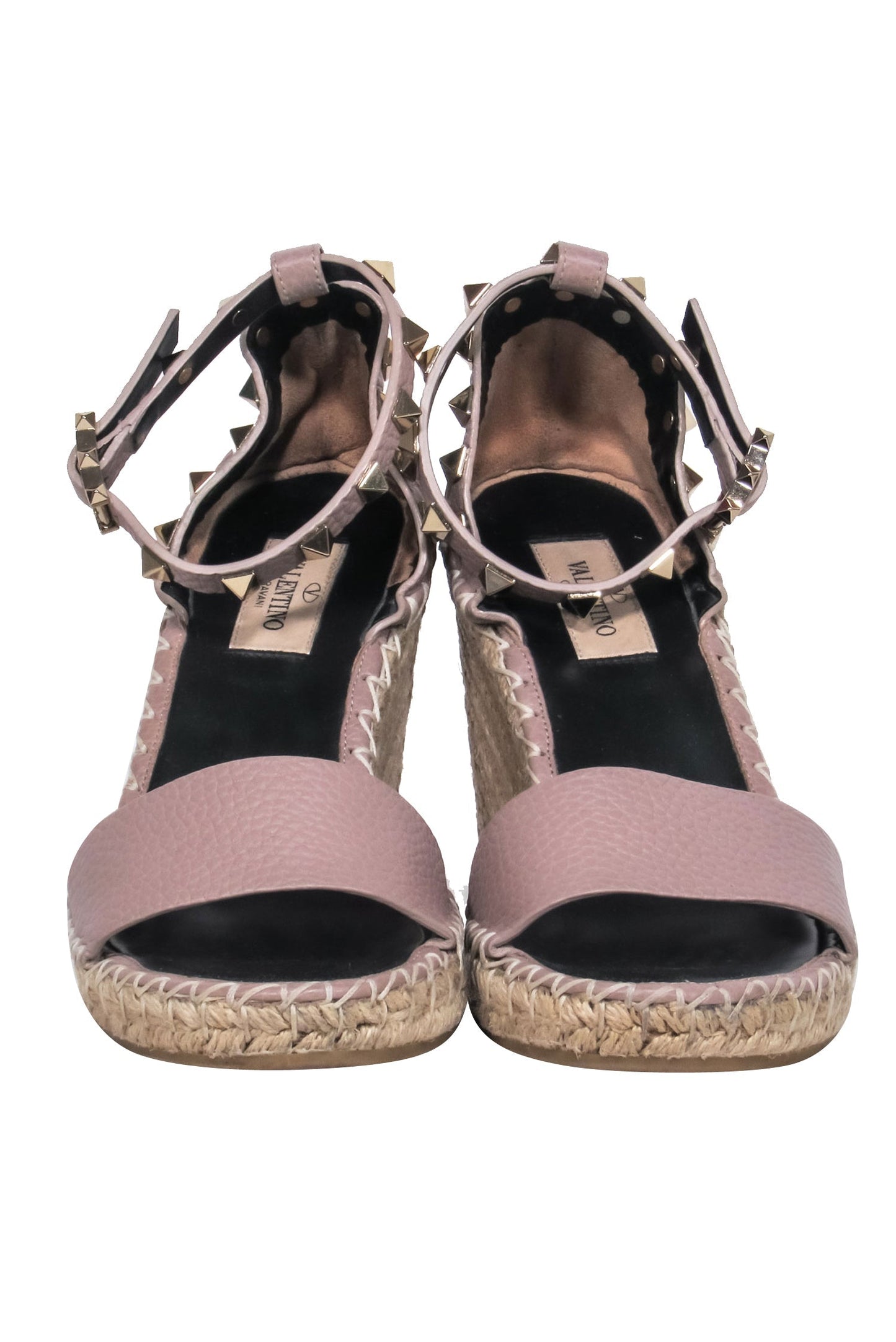 Valentino - Nude Calfskin Leather Espadrille Rock-Stud Wedges w/ Ankle Strap Sz 7