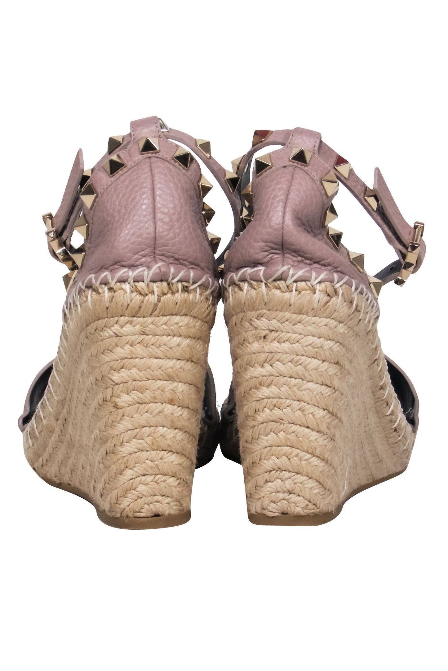 Valentino - Nude Calfskin Leather Espadrille Rock-Stud Wedges w/ Ankle Strap Sz 7