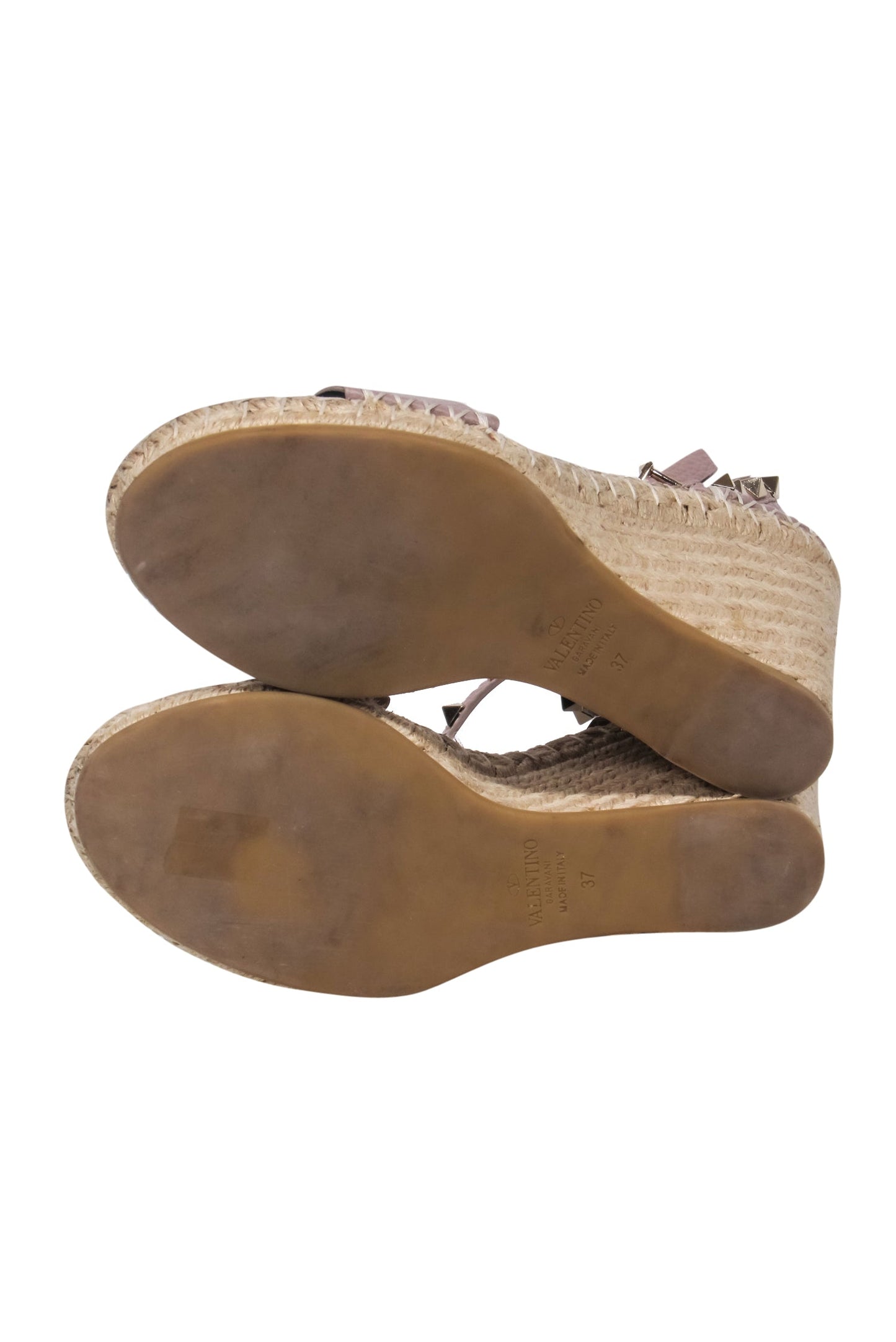 Valentino - Nude Calfskin Leather Espadrille Rock-Stud Wedges w/ Ankle Strap Sz 7