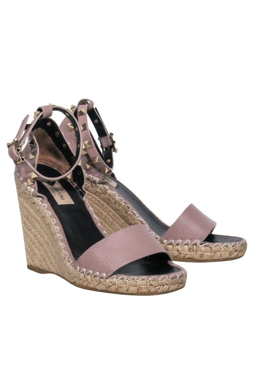 Valentino - Nude Calfskin Leather Espadrille Rock-Stud Wedges w/ Ankle Strap Sz 7