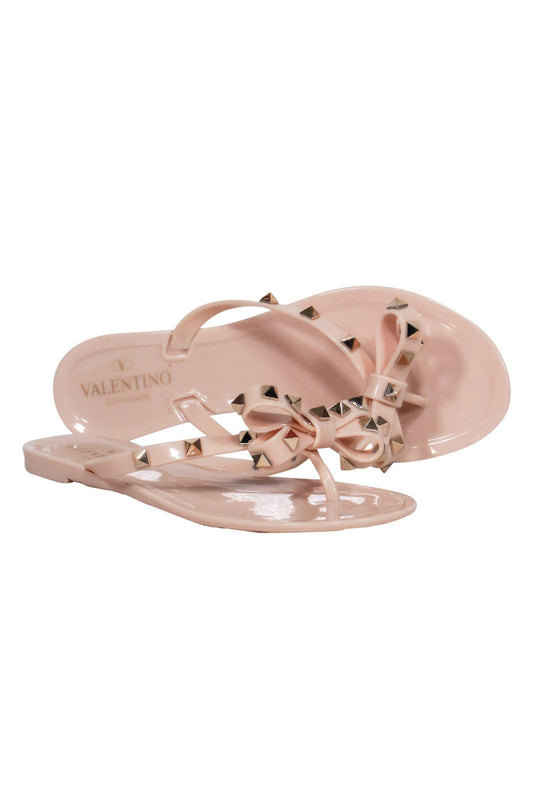 Valentino - Pink Jelly Thong Sandals w/ Bow & Gold Studs Sz 7