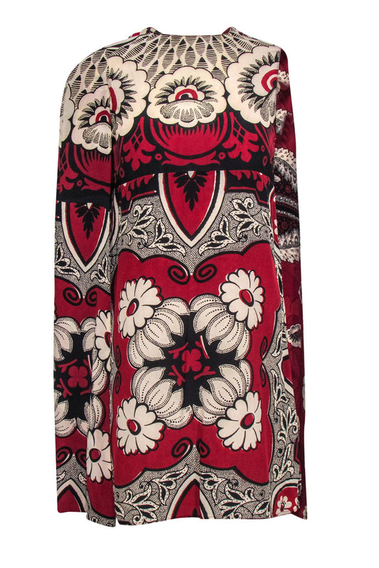 Valentino - Red, Black & White Floral Print Sleeveless Shift Dress w/ Cape Sz 4