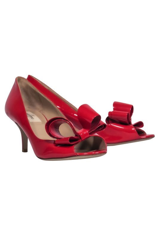 Valentino - Red Patent Leather Open Toe Kitten Heels w/ Bow Sz 8.5