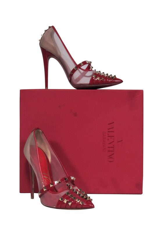 Valentino - Red Patent & Mesh Studded Caged Pointed Toe "Rockstud" Pumps Sz 7.5
