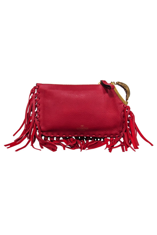 Valentino - Red Textured Leather Fringed Zippered Clutch w/ Beetle Handle