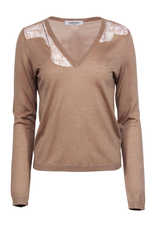 Valentino - Tan Wool & Silk Blend V-Neckline Knit Top Sz L