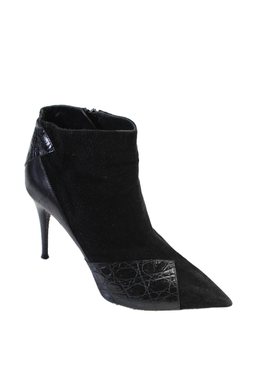 Chloe Womens Patchwork Embossed Zipped Stiletto Booties Black