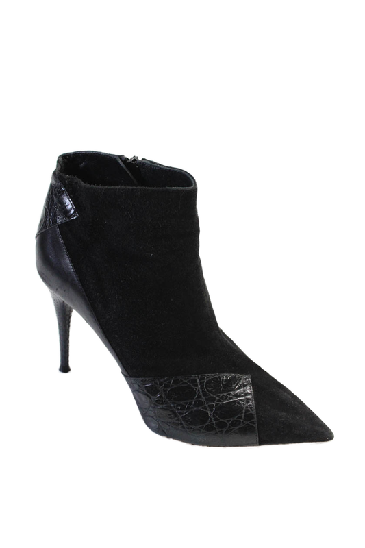 Chloe Womens Patchwork Embossed Zipped Stiletto Booties Black