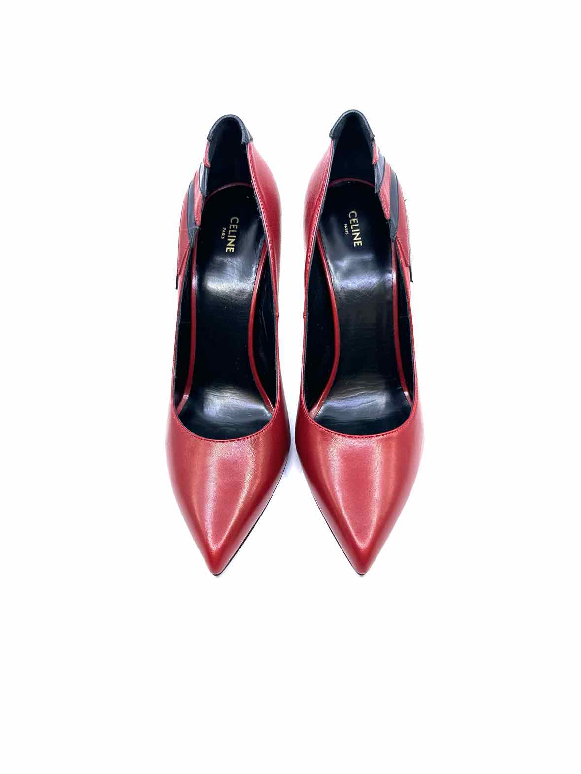 CELINE Size 10 Red, black Leather Solid Pumps