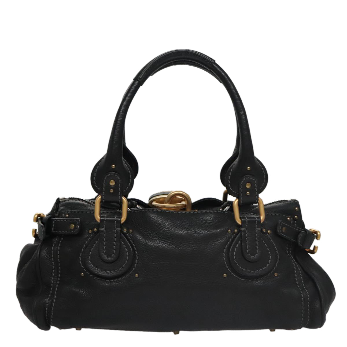 Chloe Paddington Hand Bag Leather Black Gold Silver am7438