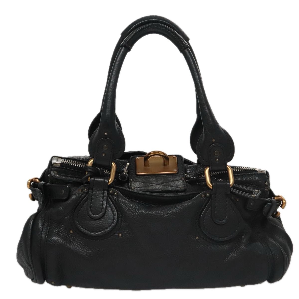 Chloe Paddington Hand Bag Leather Black Gold Silver am7465