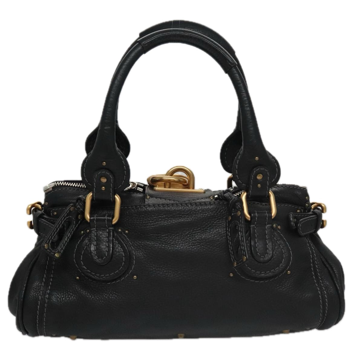 Chloe Paddington Hand Bag Leather Black Gold Silver am7478