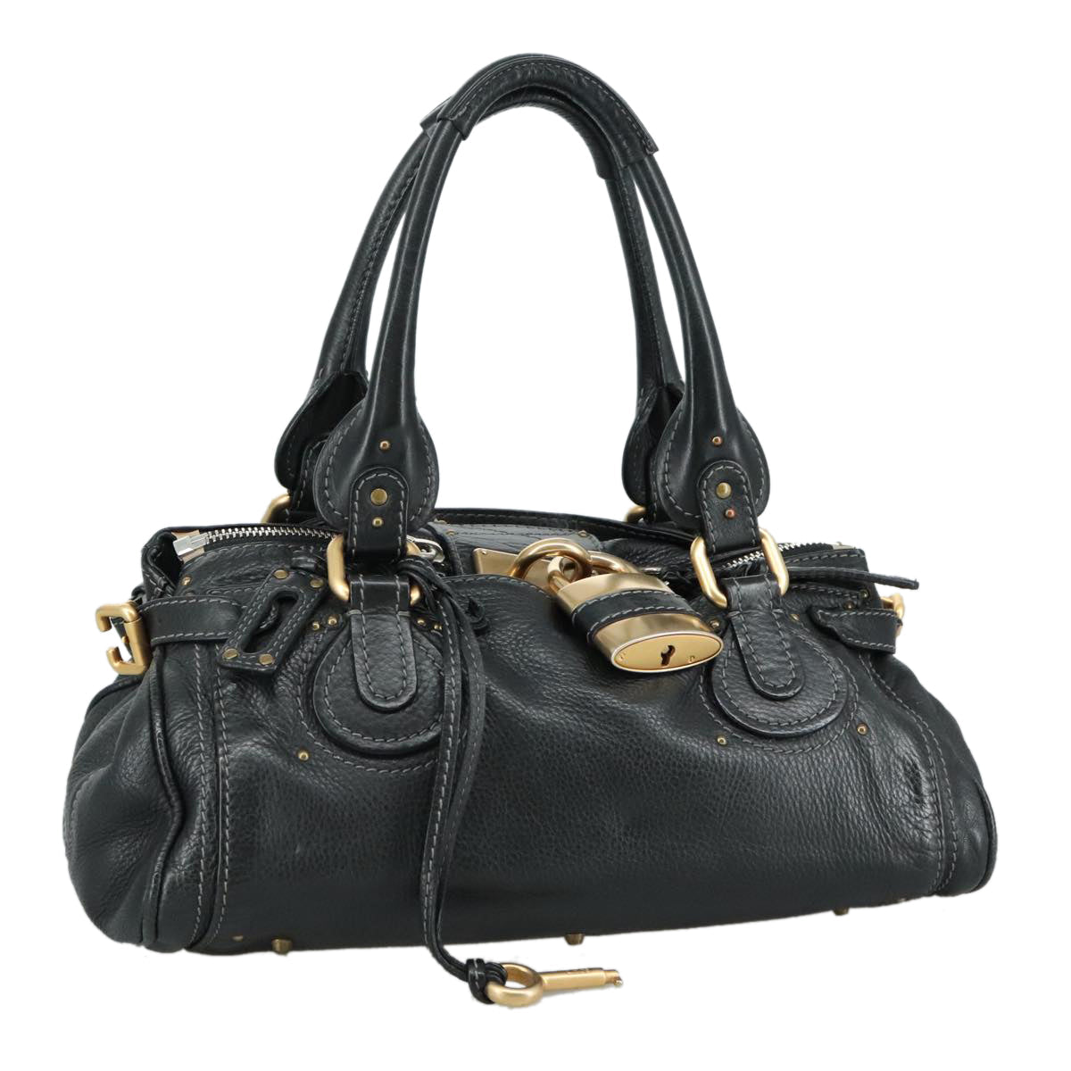 Chloe Paddington Hand Bag Leather Black Gold Silver am7480