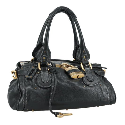 Chloe Paddington Hand Bag Leather Black Gold Silver am7480