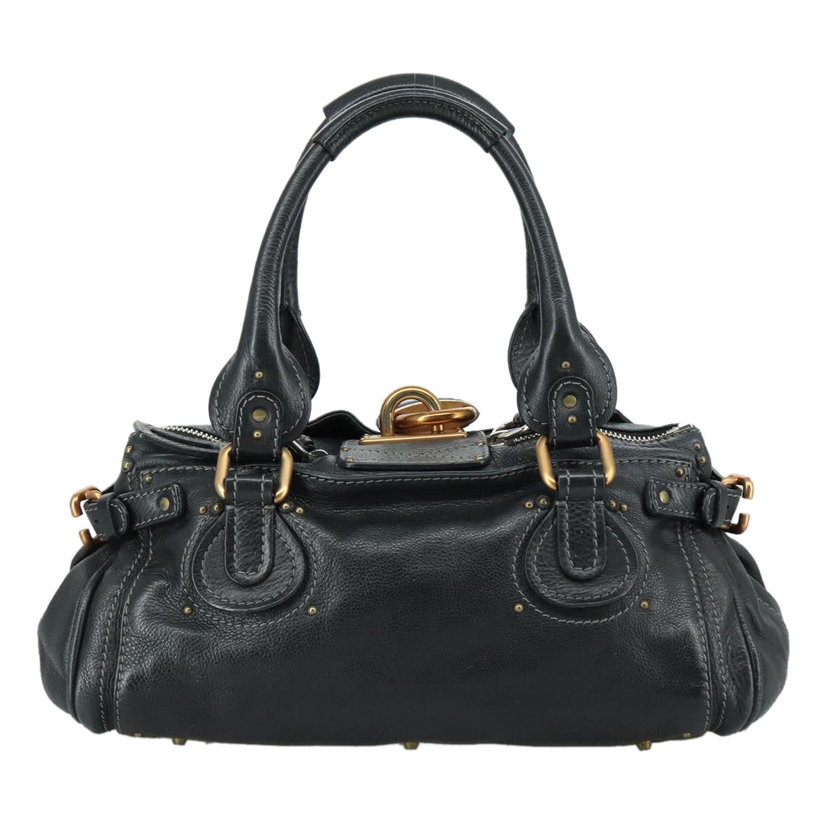 Chloe Paddington Hand Bag Leather Black Gold Silver am7481