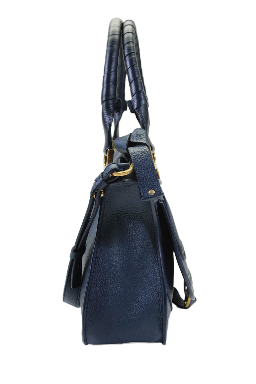 Chloe Womens Navy Grained Leather Small Marcie Shoulder Bag Handbag