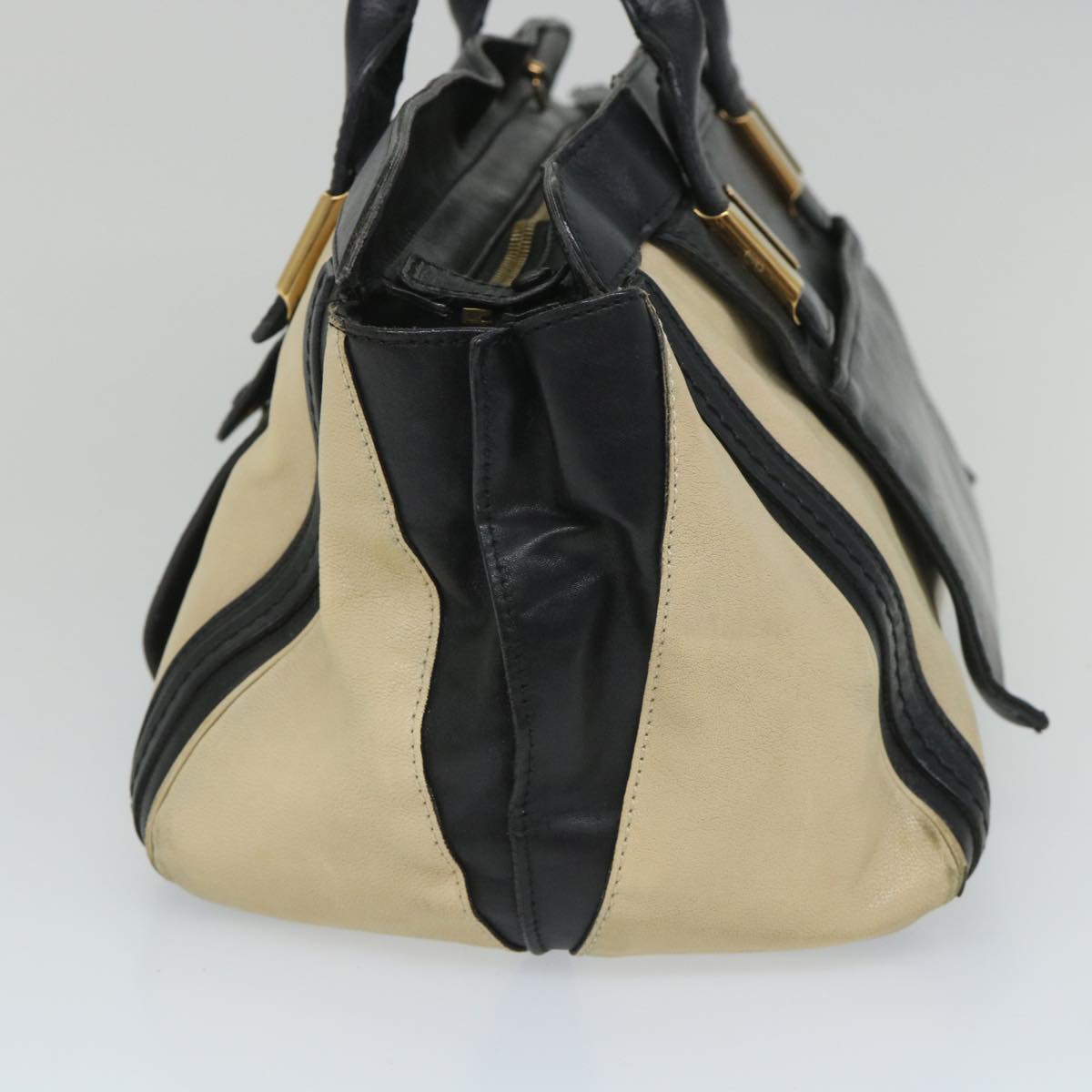 Chloe Hand Bag Leather Beige Black 01 13 62 65 bs9176
