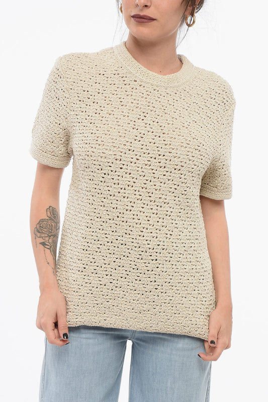 Bottega Veneta Crew Neck Crochet Cotton T-Shirt Beige