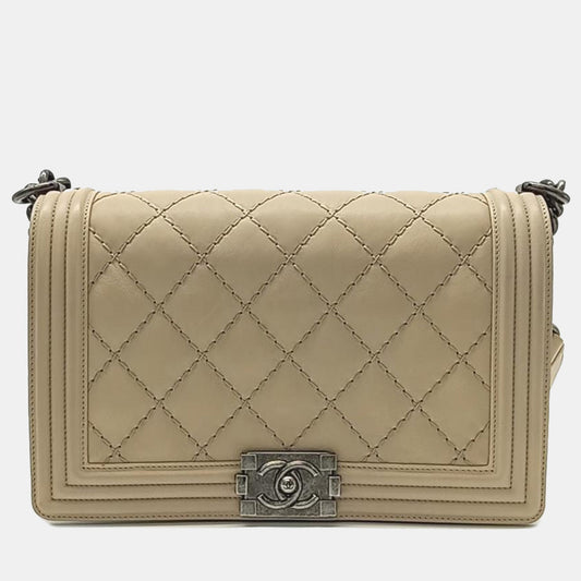 Chanel Beige Leather Medium Stitch Boy Bag