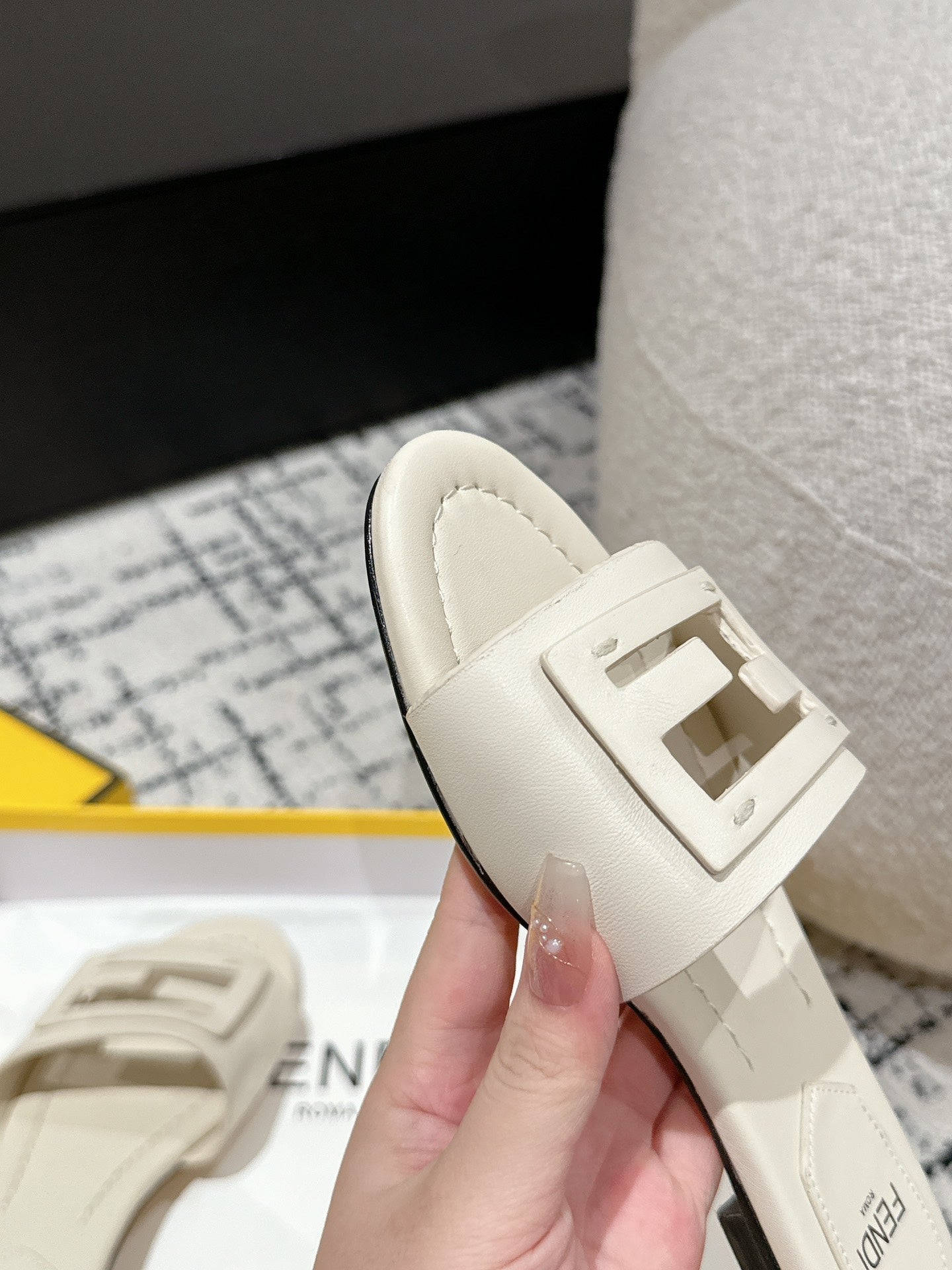FENDI FF Baguette Ivory Leather Slide
