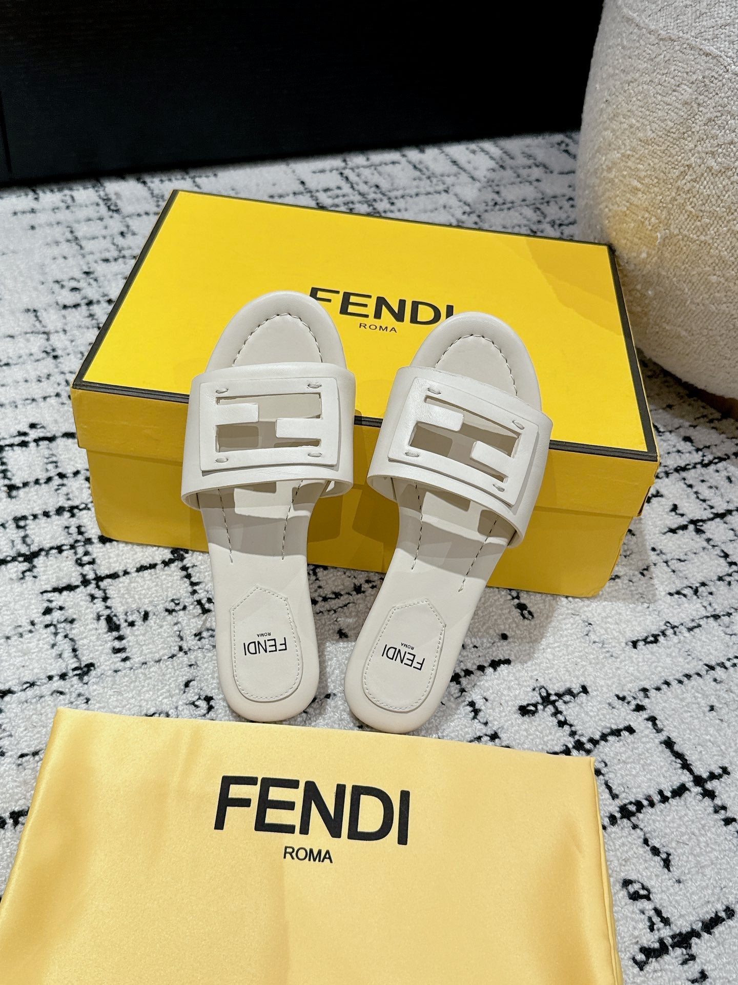 FENDI FF Baguette Ivory Leather Slide