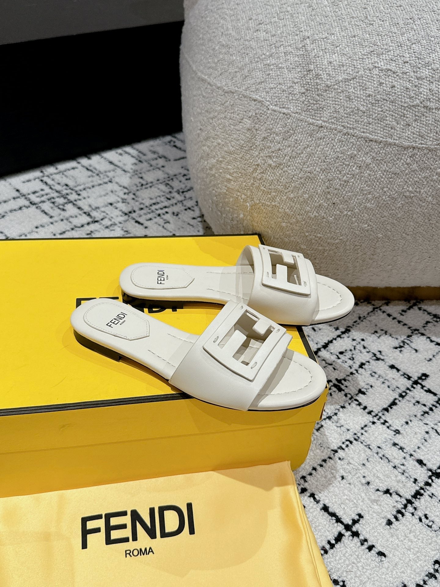 FENDI FF Baguette Ivory Leather Slide
