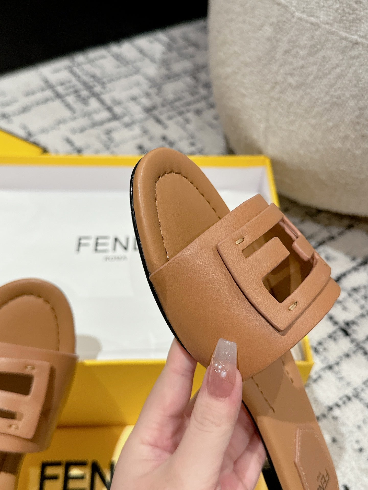 FENDI FF Baguette Light Brown Leather Slide
