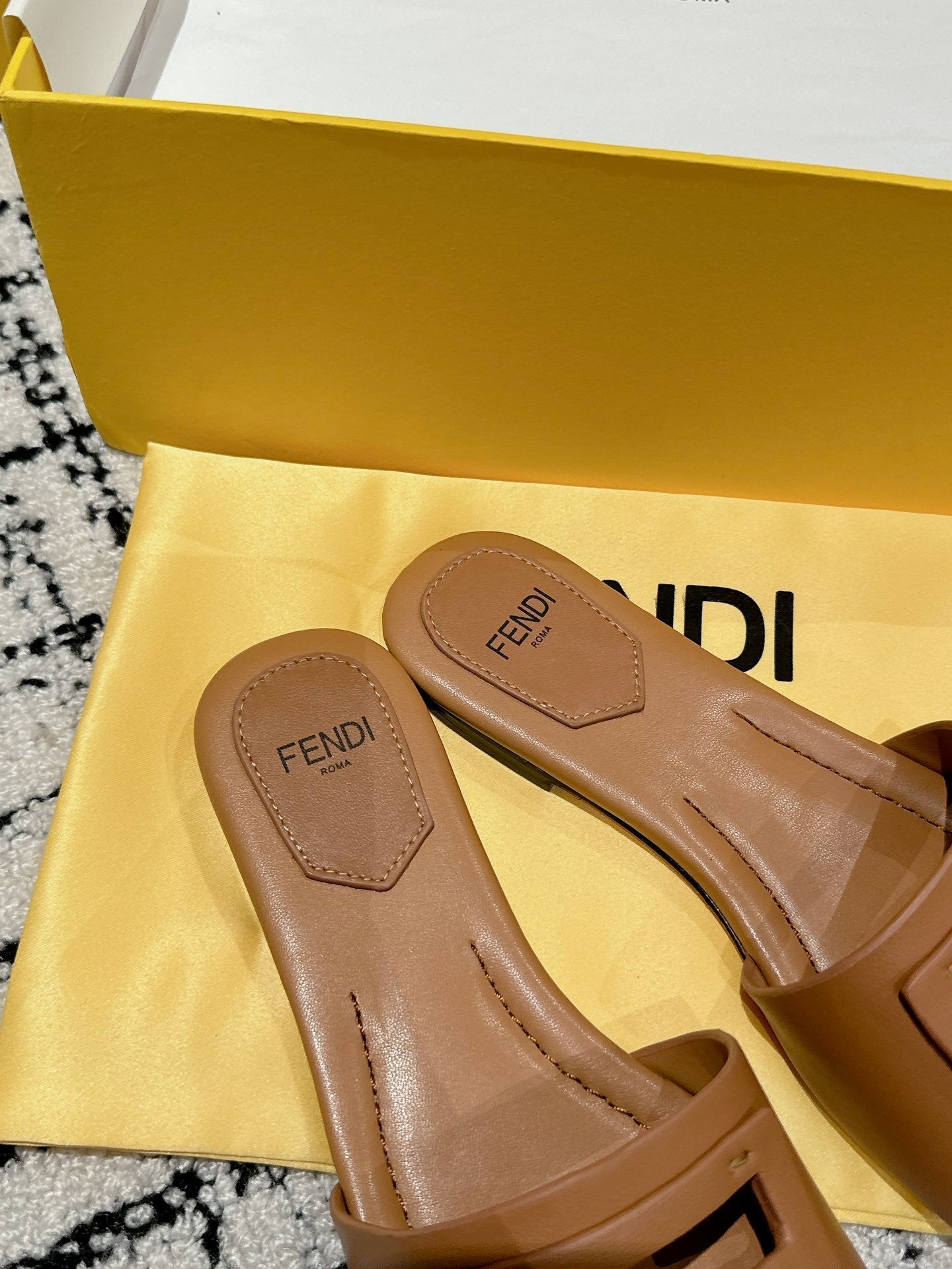 FENDI FF Baguette Light Brown Leather Slide