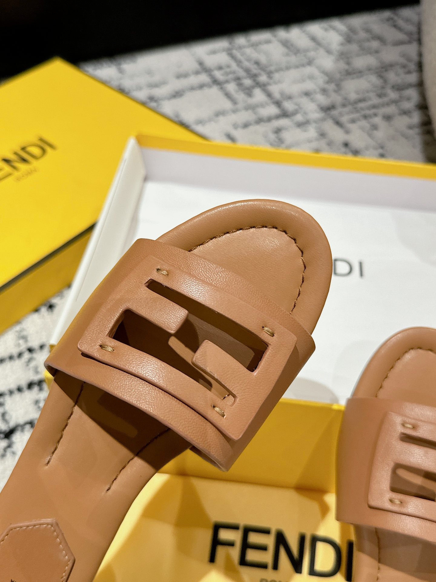 FENDI FF Baguette Light Brown Leather Slide