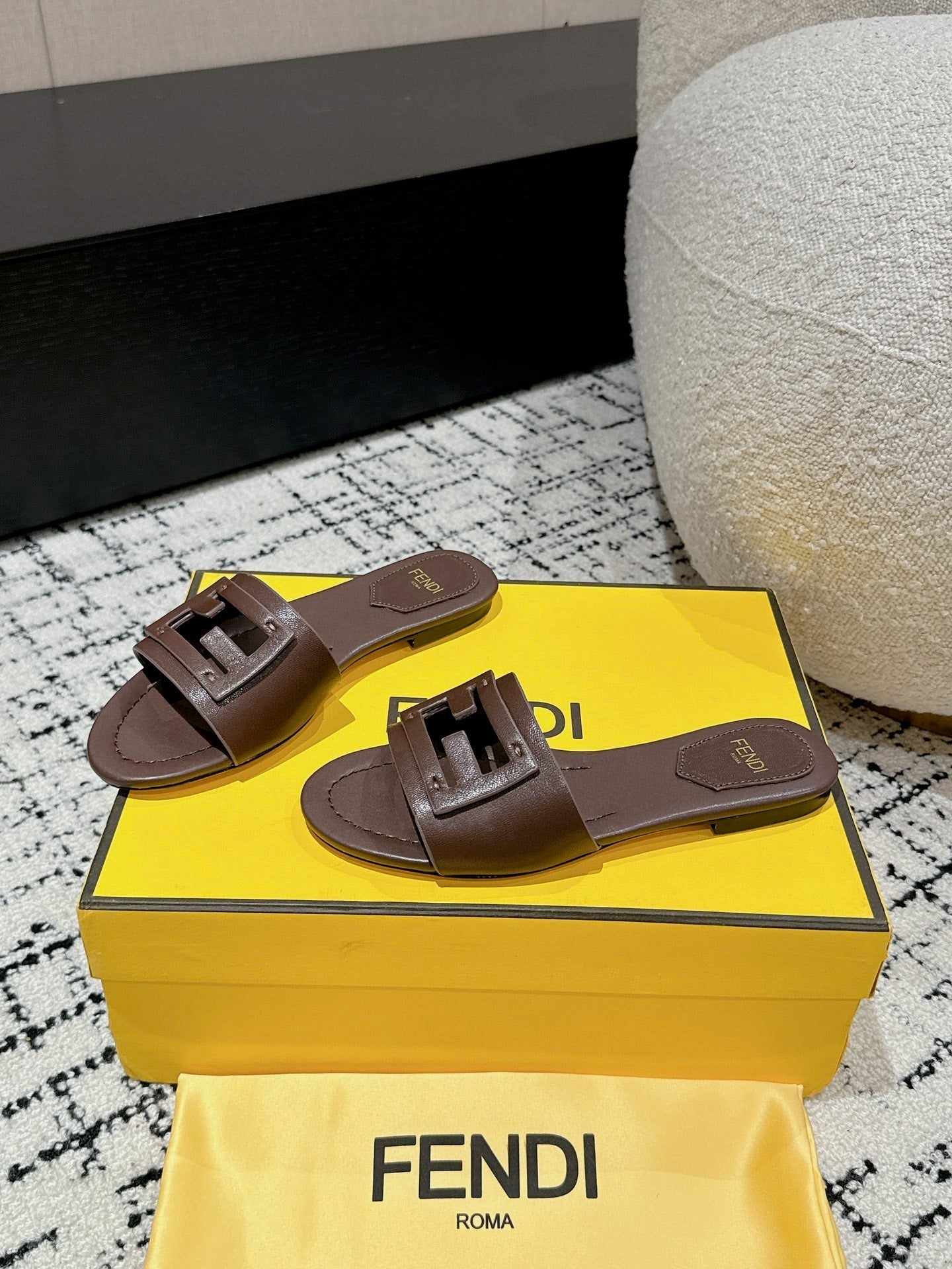 FENDI FF Baguette Chocolate Leather Slide