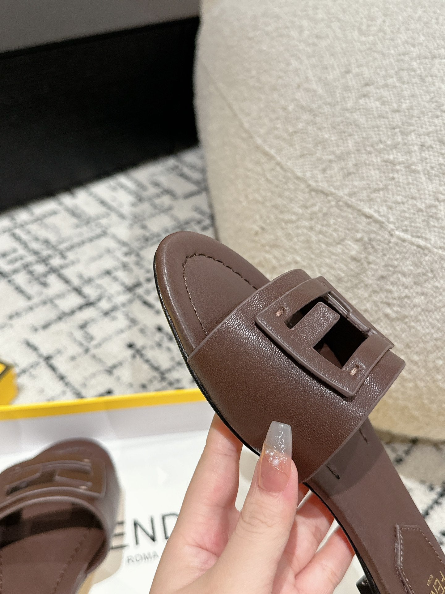 FENDI FF Baguette Chocolate Leather Slide