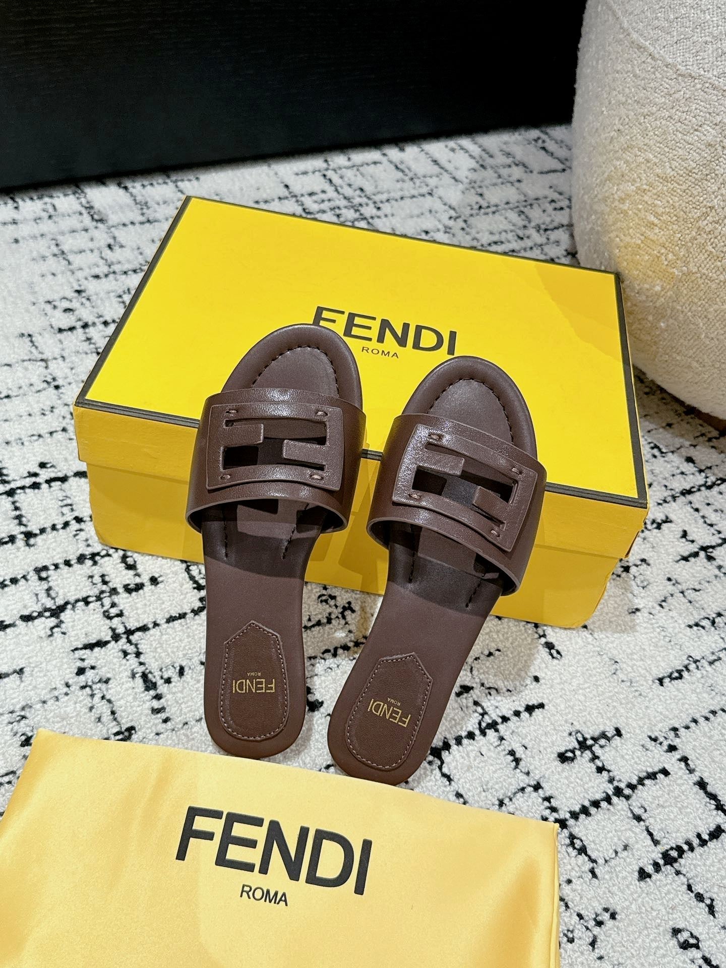 FENDI FF Baguette Chocolate Leather Slide
