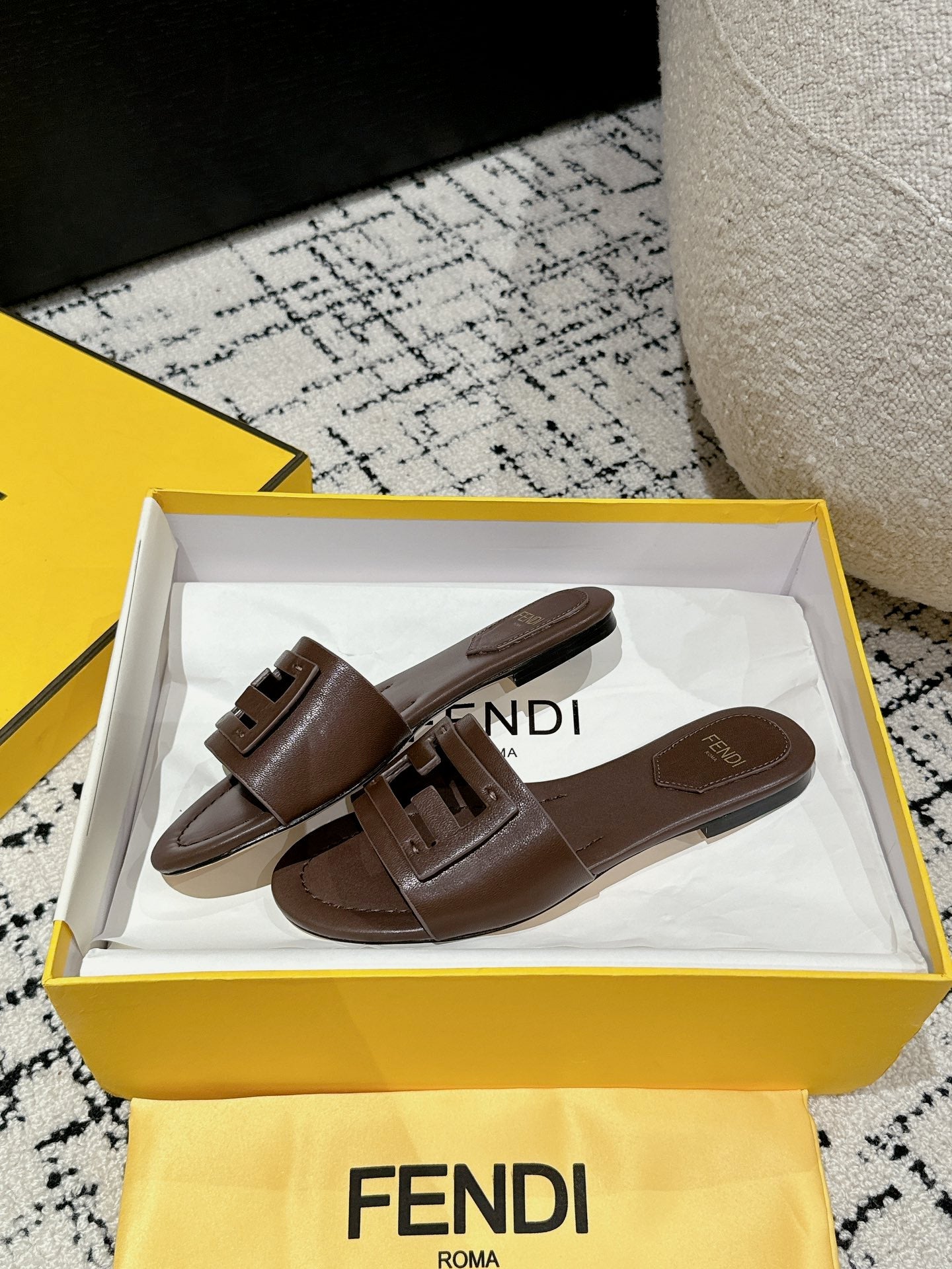 FENDI FF Baguette Chocolate Leather Slide