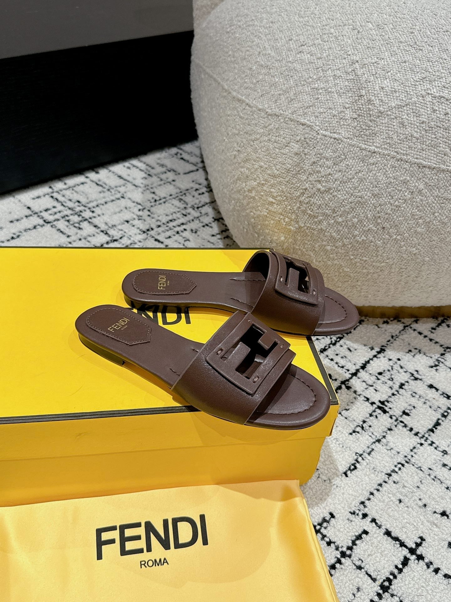 FENDI FF Baguette Chocolate Leather Slide