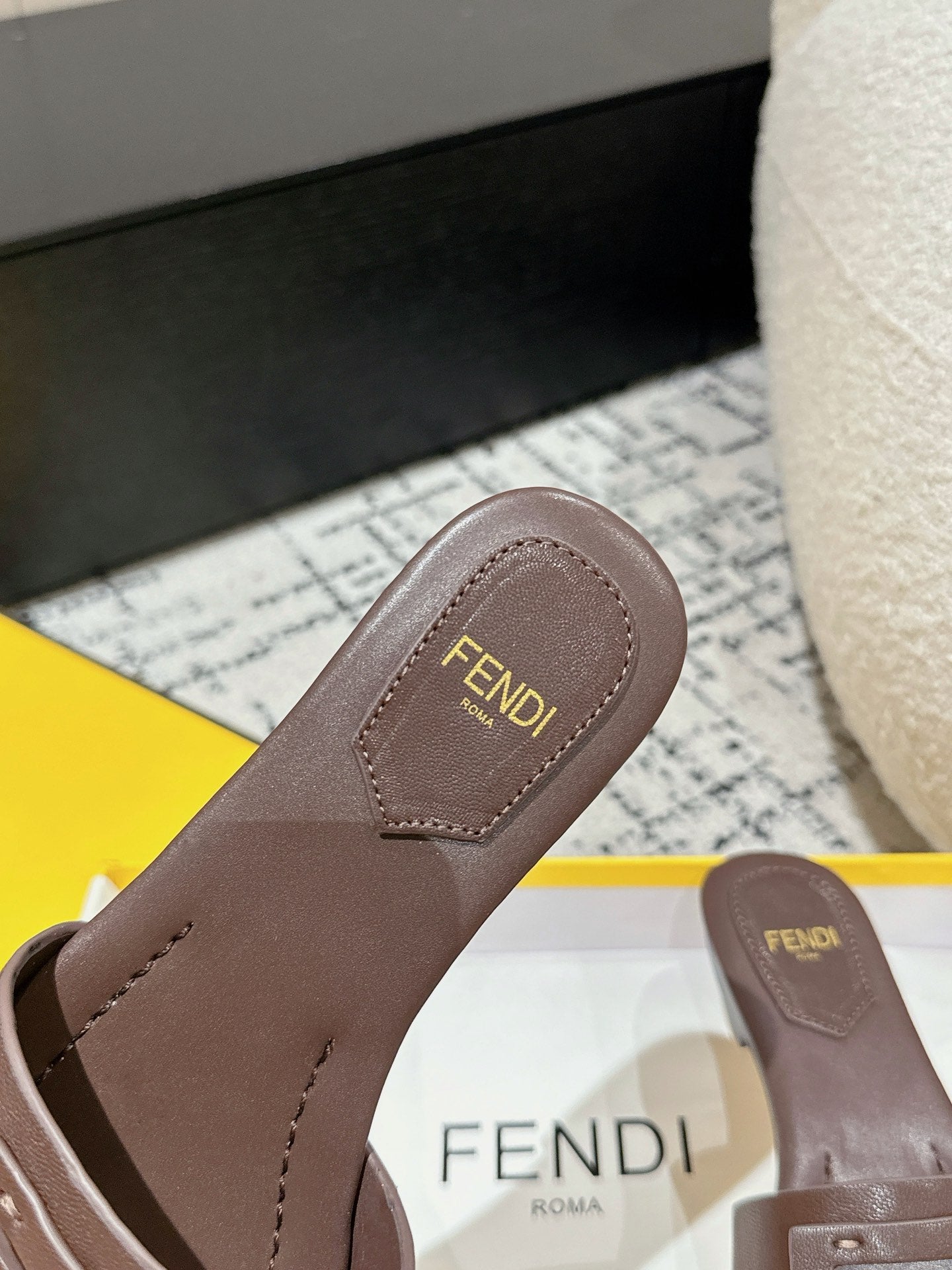 FENDI FF Baguette Chocolate Leather Slide