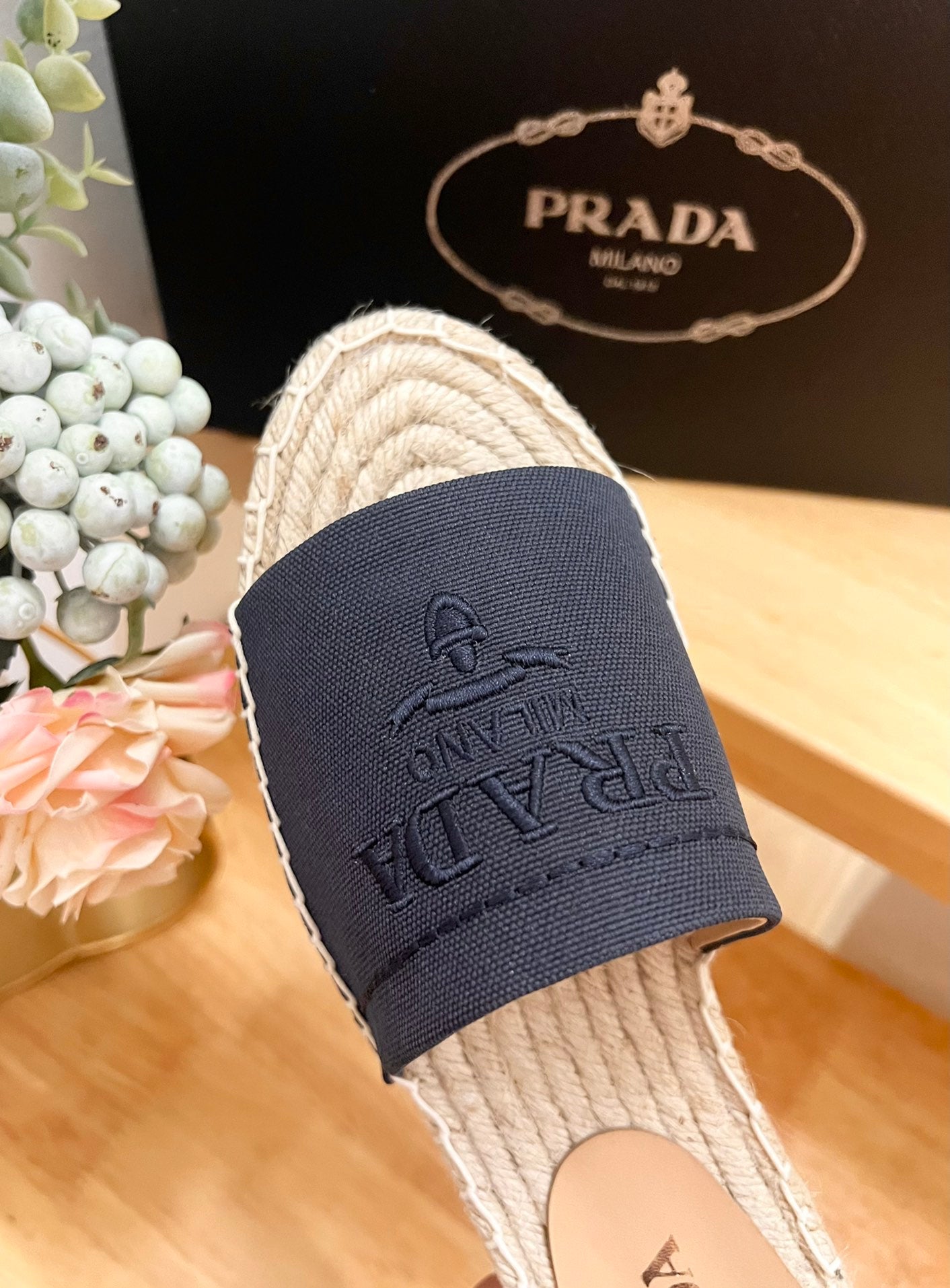 PRADA Slide 20 Denim Velvet Beige Sole Raffia