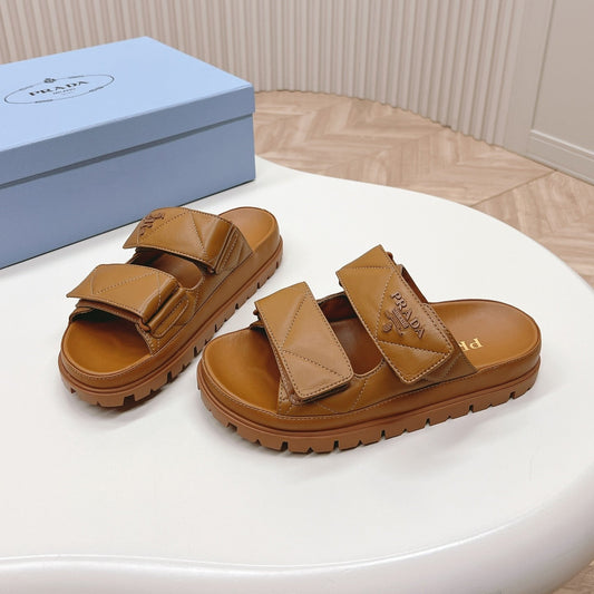 PRADA Double Strap Quilted Slide 20 Tan Calfskin