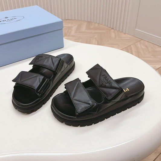 PRADA Double Strap Quilted Slide 20 Black Calfskin