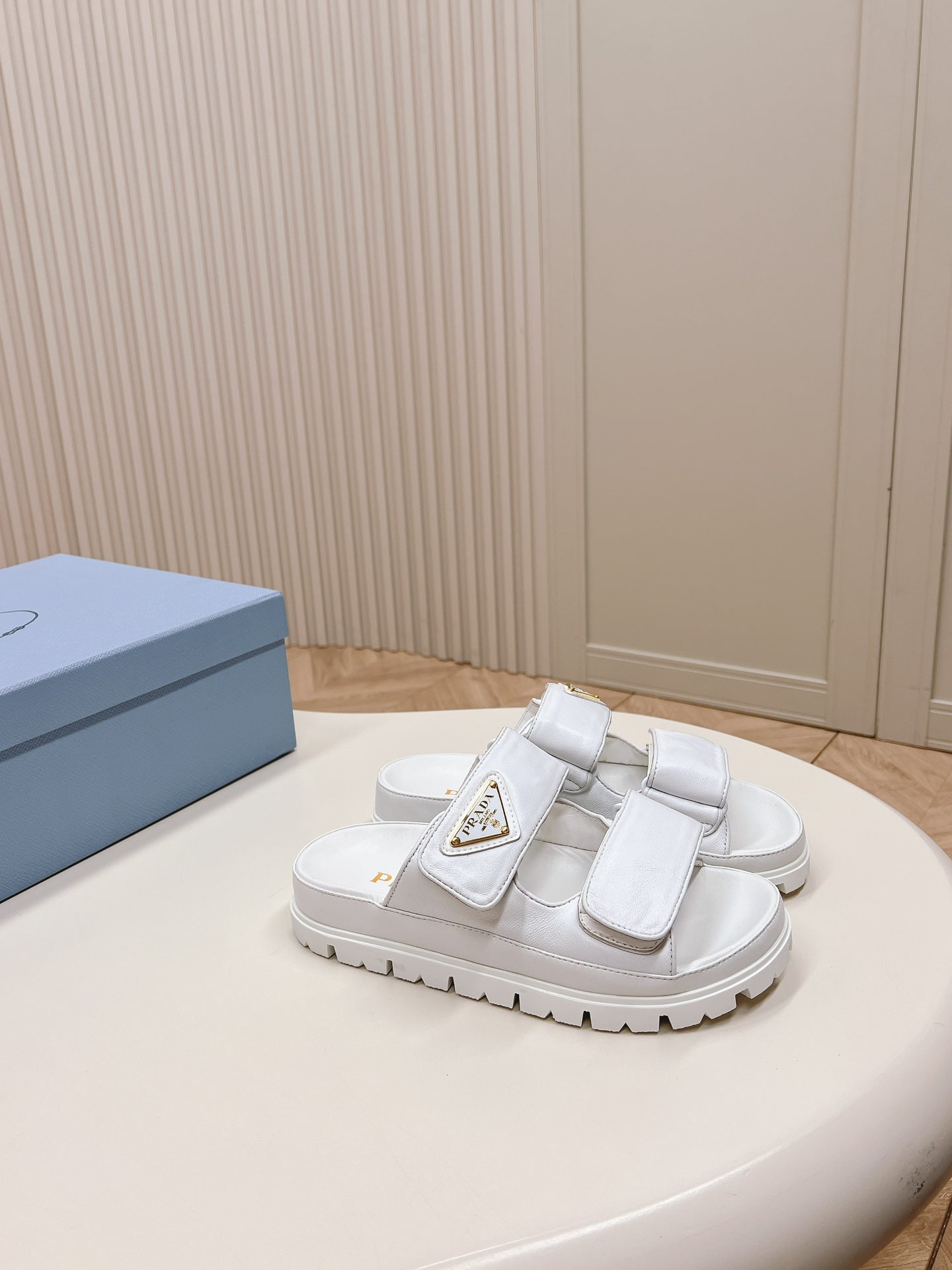 PRADA Double Strap Slide 20 With Triangle Logo White Calfskin