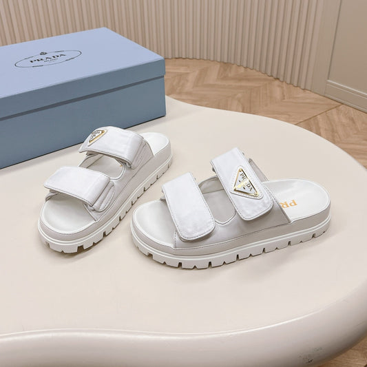 PRADA Double Strap Slide 20 With Triangle Logo White Calfskin