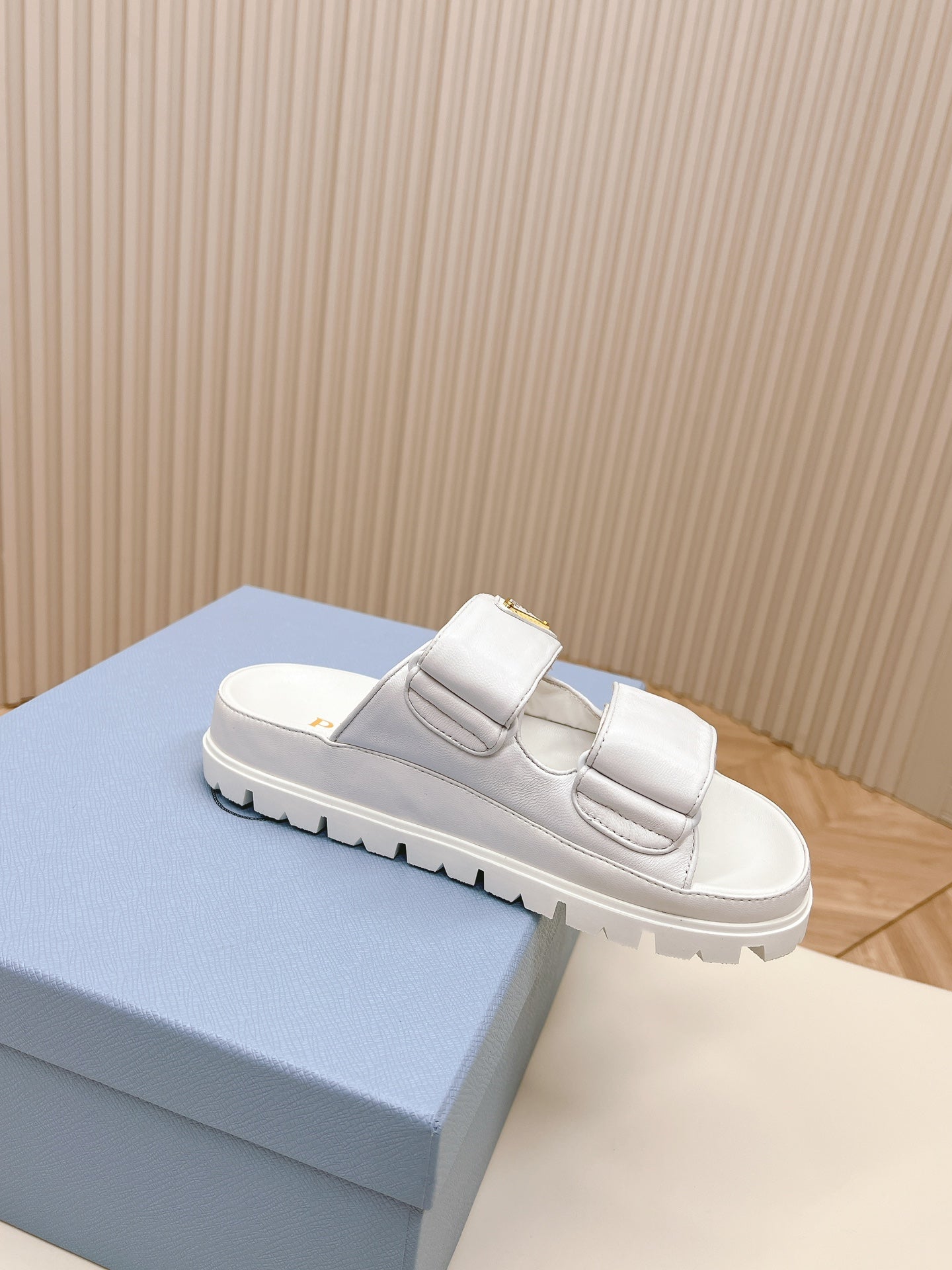 PRADA Double Strap Slide 20 With Triangle Logo White Calfskin
