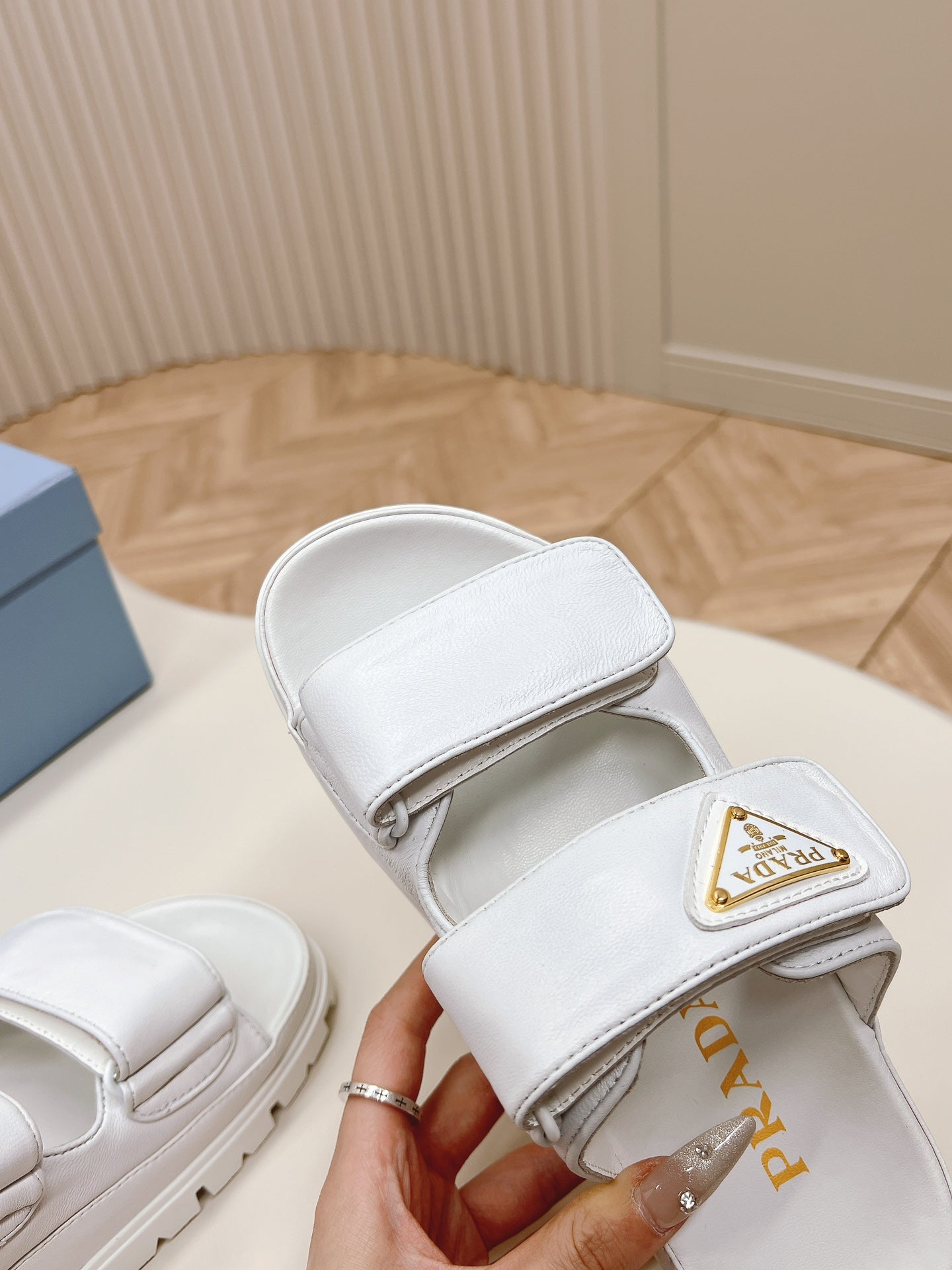 PRADA Double Strap Slide 20 With Triangle Logo White Calfskin