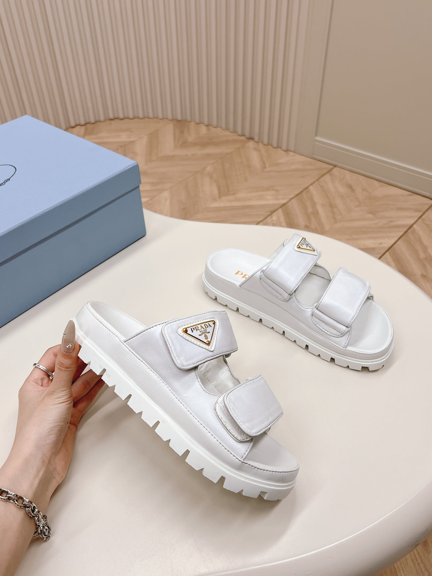 PRADA Double Strap Slide 20 With Triangle Logo White Calfskin