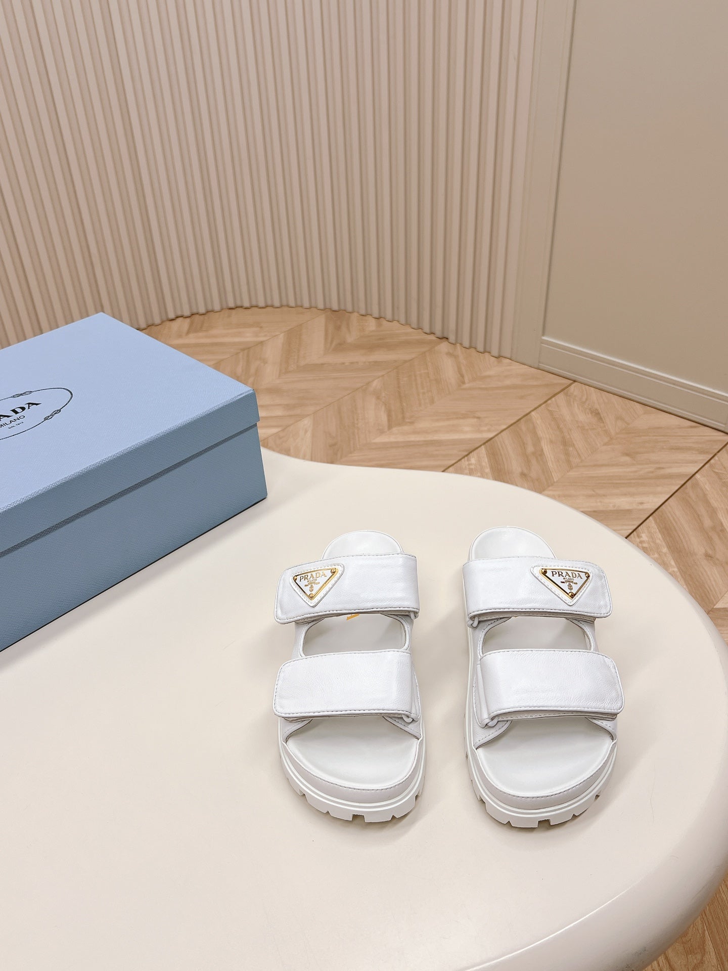 PRADA Double Strap Slide 20 With Triangle Logo White Calfskin