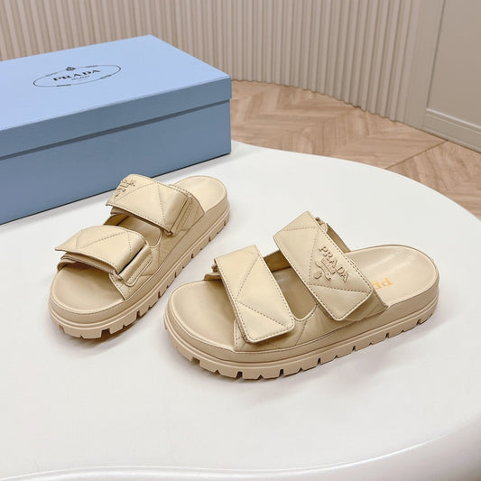 PRADA Double Strap Quilted Slide 20 Beige Calfskin