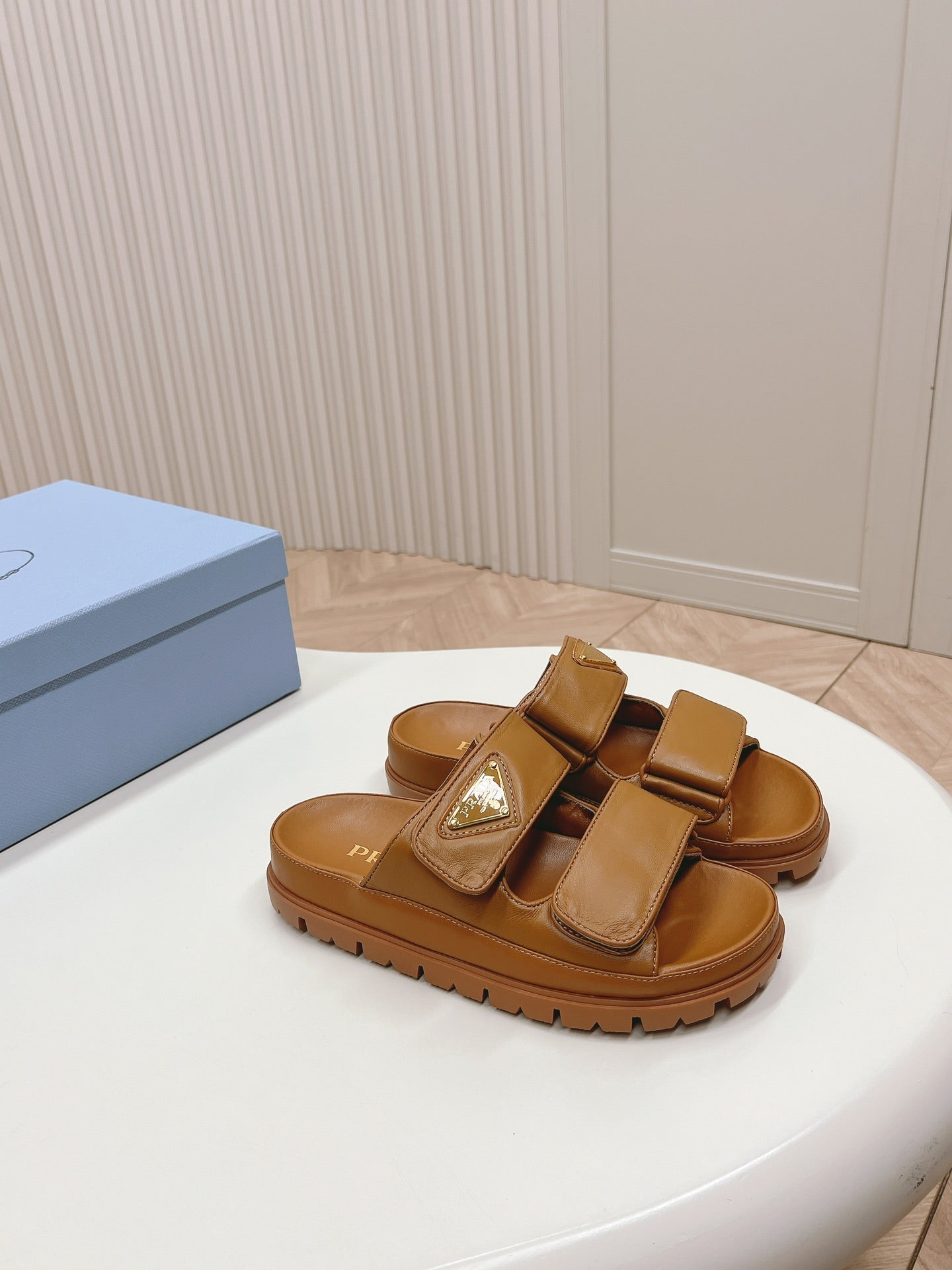 PRADA Double Strap Slide 20 With Triangle Logo Tan Calfskin