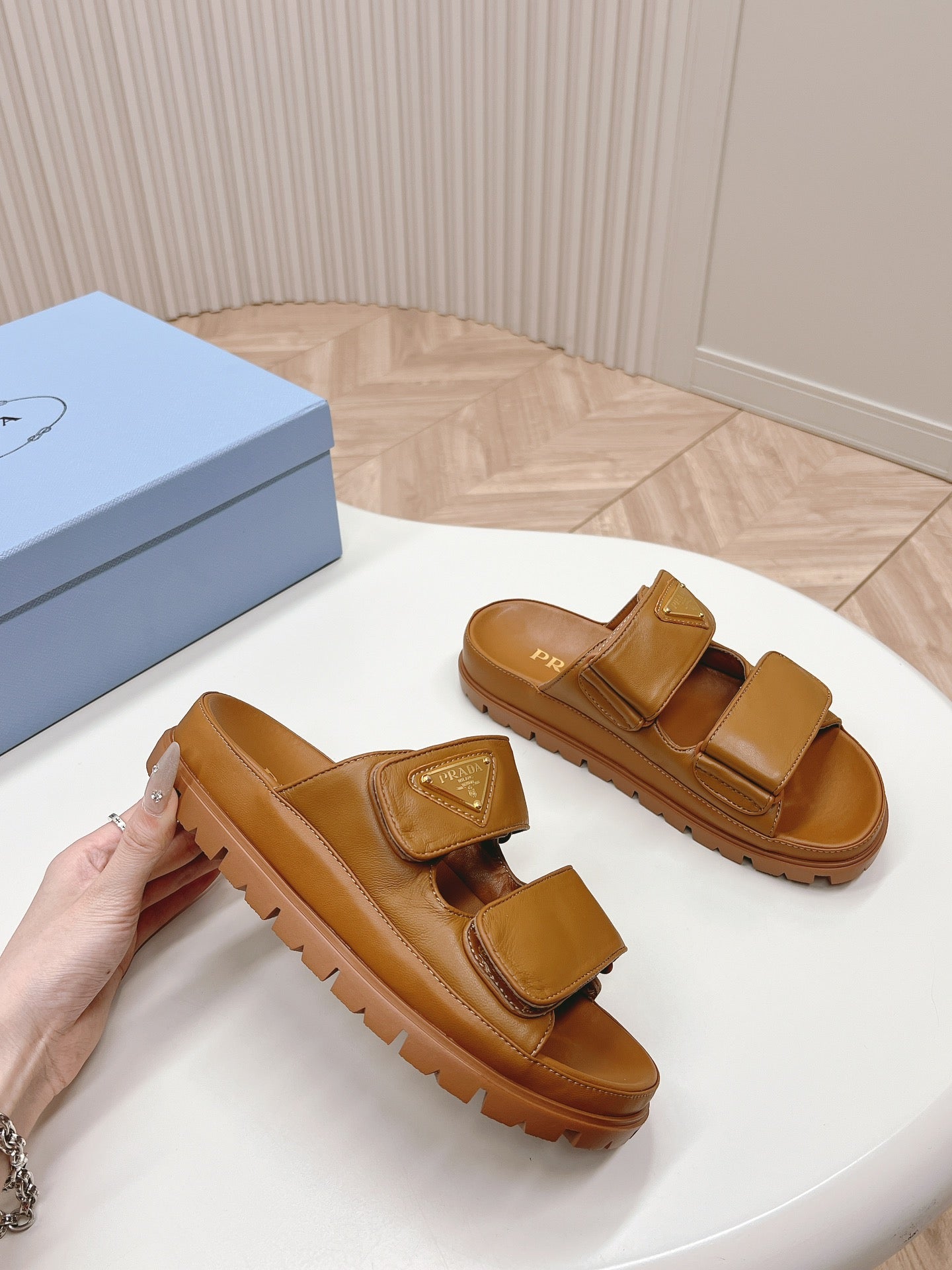 PRADA Double Strap Slide 20 With Triangle Logo Tan Calfskin