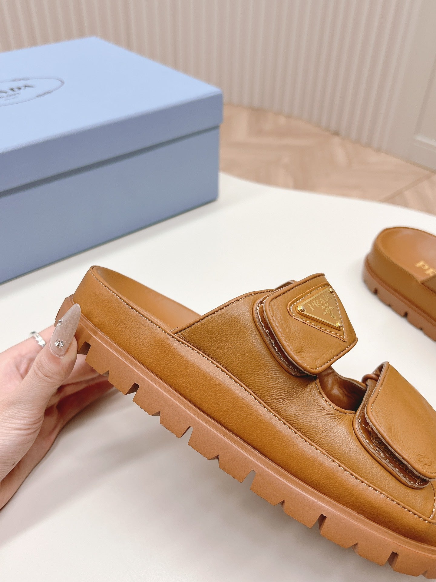 PRADA Double Strap Slide 20 With Triangle Logo Tan Calfskin
